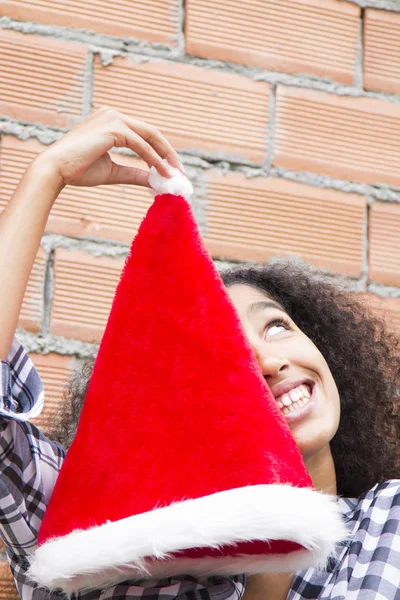 African American Girl Having Fun Santa Cap — Stock Photo, Image