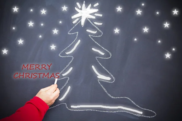 Kerstboom Met Hand Geschilderd Schoolbord Met Krijt Nieuwjaar Kerstgroet — Stockfoto