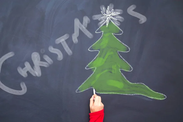 Met Hand Getekende Kerstboom Krijtbord Spiraalvorm Nieuwjaar Wenskaart Poster Banner — Stockfoto