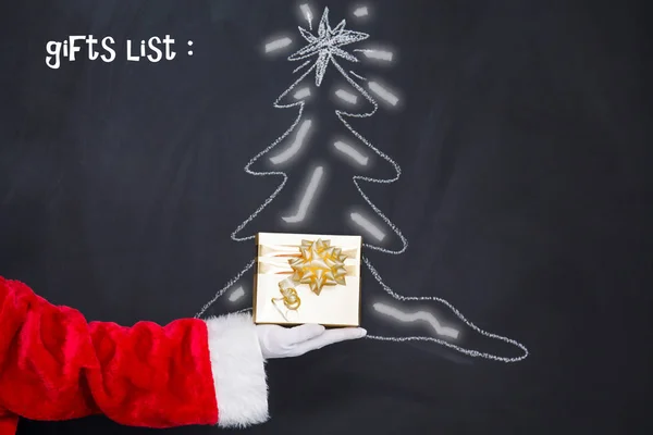 Święty Mikołaj Trzyma Pudełko Prezentami Kartkę Powitalną Nowy Rok Boże — Zdjęcie stockowe