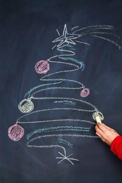 Lavagna Gesso Albero Natale Disegnata Mano Spirale Nuovo Anno Saluto — Foto Stock