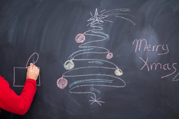 Hand Dras Julgran Kalk Svarta Tavlan Spiralform Nytt Gratulationskort Affisch — Stockfoto