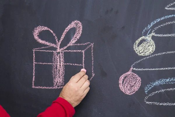 Handritning Med Krita Julbordet Julklapp Och Julgran Jul Och Nytt — Stockfoto