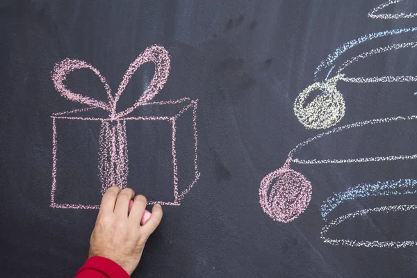 Dibujo Mano Con Tiza Chalkboard Christmas Regalo Árbol Christmas Navidad — Foto de Stock