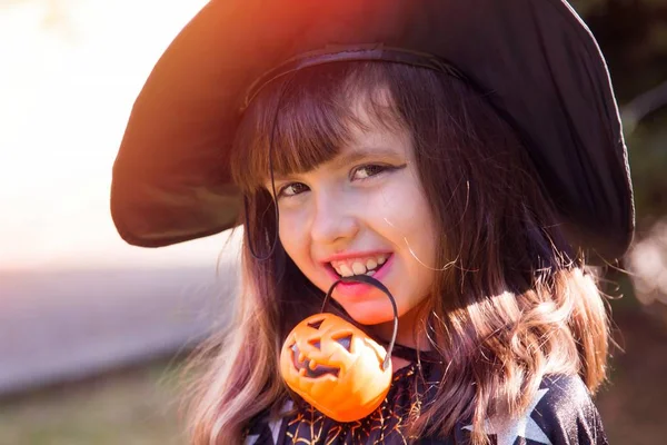 Portrét Čarodějnice Dýní Lese Halloweenský Večírek — Stock fotografie