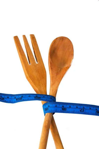 Diet Slimming Concept Blue Tape Measure Curled Fork Spoon — Stock Photo, Image