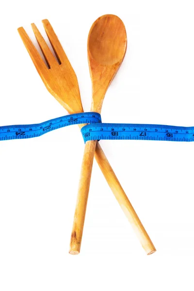 Diet Slimming Concept Blue Tape Measure Curled Fork Spoon — Stock Photo, Image