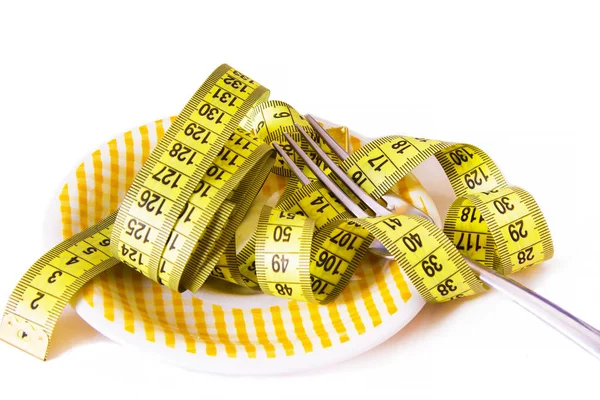 Diet Slimming Concept Yellow Tape Measure Twisted Fork — Stock Photo, Image