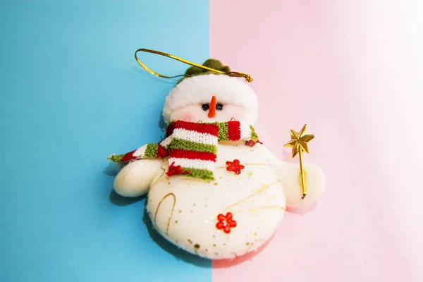 Kerstgroet Roze Blauw Met Sneeuwpop — Stockfoto