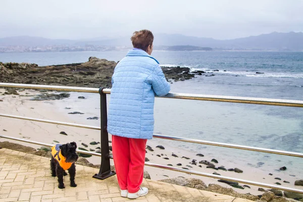 Seniorin Mit Hund Lehnt Geländer Und Blickt Aufs Meer — Stockfoto