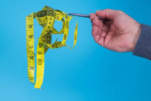 Mano Con Tenedor Cinta Métrica Dieta Concepto Alimentos — Foto de Stock