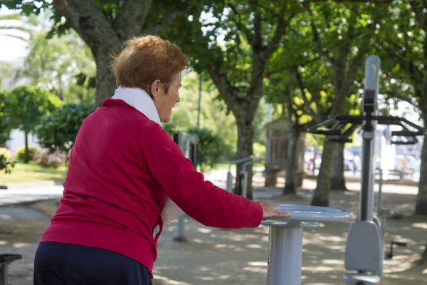 Mujer Mayor Haciendo Aparatos Gimnasia Parque —  Fotos de Stock