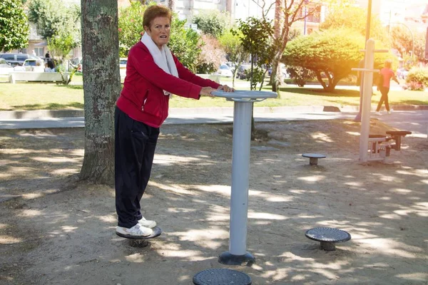 Mujer Mayor Haciendo Aparatos Gimnasia Parque —  Fotos de Stock