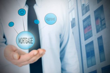 Finansman kavramı, elinde düğmesi olan iş adamı ve metin gayrimenkul.