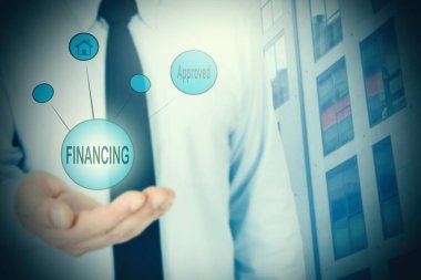 Finansman kavramı, elinde düğmesi olan iş adamı ve metin gayrimenkul.