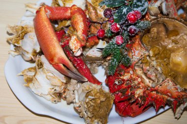 Noel yemeği ya da akşam yemeği, doğranmış yengeç. deniz ürünleri
