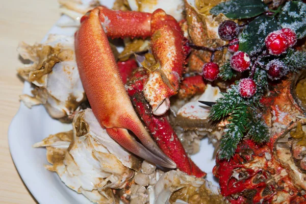 Weihnachten Mittagessen Oder Abendessen Gehackte Gekochte Krabben Meeresfrüchte — Stockfoto