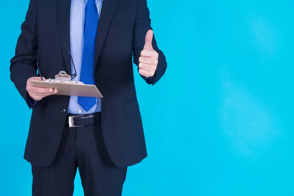 Hombre Negocios Con Contrato Pulgar Levantado Con Símbolo — Foto de Stock