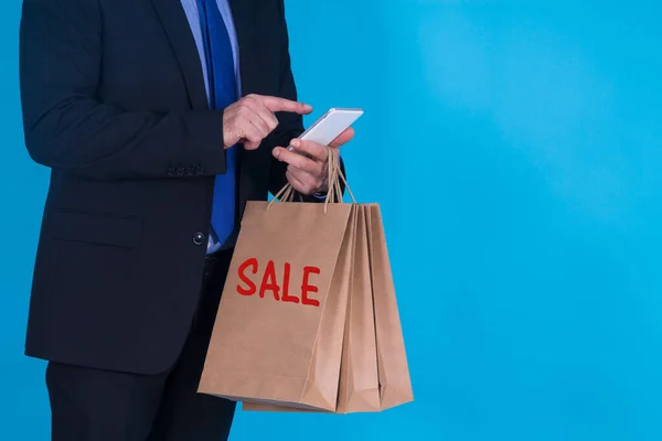 Businessman Cardboard Bag Mobile Phone Online Shopping Concept — Stock Photo, Image