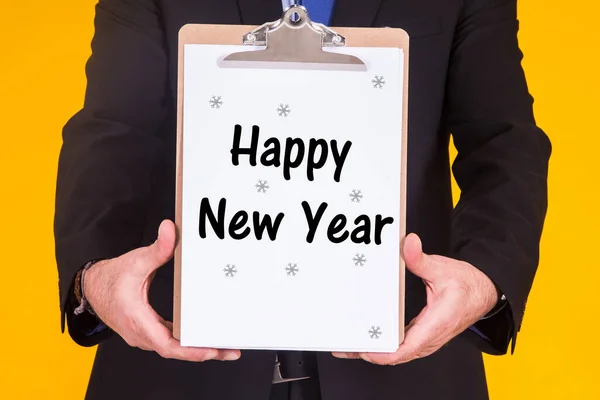 Podnikatel Šťastný Nový Rok Banner Žlutém Pozadí — Stock fotografie