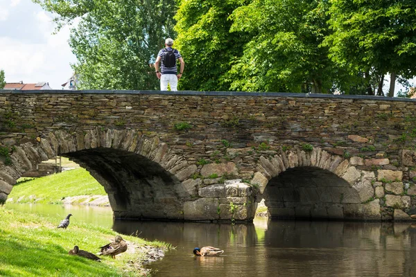 Turist Köprüde Nehri Izliyor — Stok fotoğraf