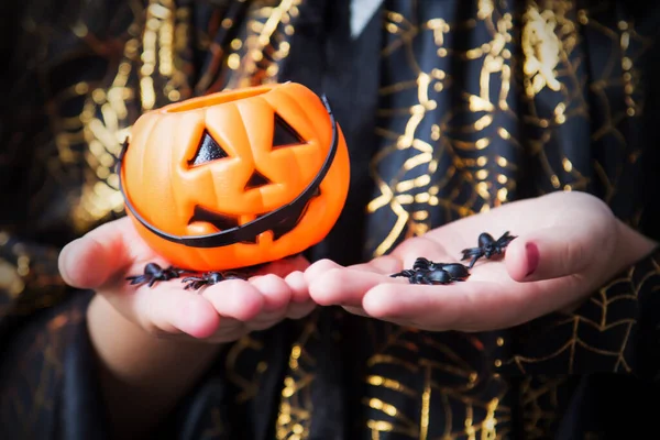 Čarodějnice Drží Dýni Pavouky Rukou Detailní Pohled Halloween Plakát — Stock fotografie