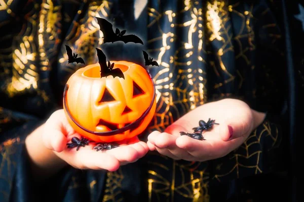 Häxa Håller Pumpa Och Spindlar Händerna Närbild Halloween Affisch — Stockfoto