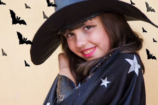 Menina Vestida Como Uma Bruxa Festa Halloween — Fotografia de Stock