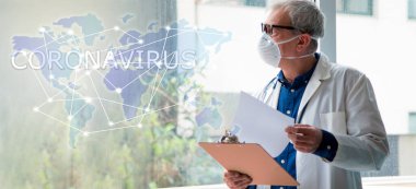 Maskeli doktor, steteskop ve raporlar, koronavirüs virüsü konsepti ve enfeksiyonları