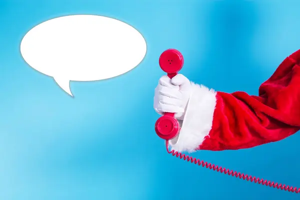 Święty Mikołaj Trzyma Czerwony Telefon Bańki Mowy — Zdjęcie stockowe