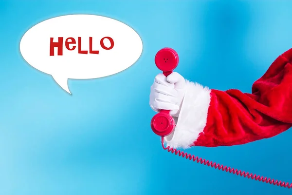 Jultomten Hand Håller Röd Telefon Med Julhälsning — Stockfoto
