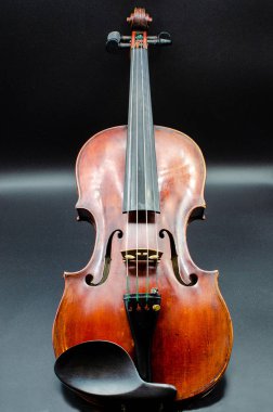 Bir biraz kırmızı renkli profesyonel keman ile tüm dört teli, bir chinrest ve bir kısım iyi bir TV tarayıcısı ile karanlık bir arka plan üzerinde izole e dizesi için stüdyo çekim