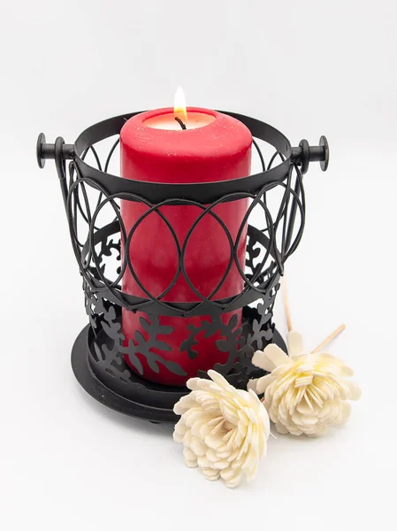Decorative Candle Lantern Made Welded Metal Red Lit Candle Two — Stock Photo, Image