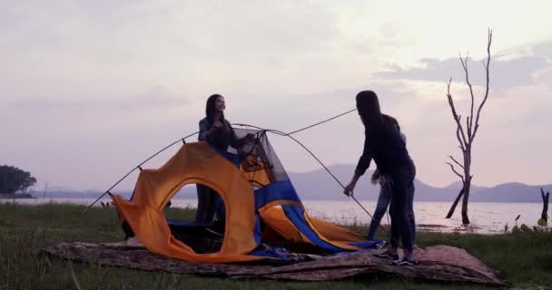 Filmati Ragazze Felici Che Alzano Una Tenda — Video Stock