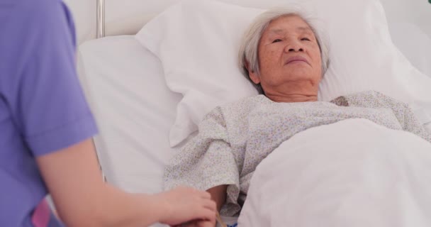 入院中の高齢患者を訪れる女性医師 病院の部屋で女性患者を調べる女性医師 医療の概念 — ストック動画