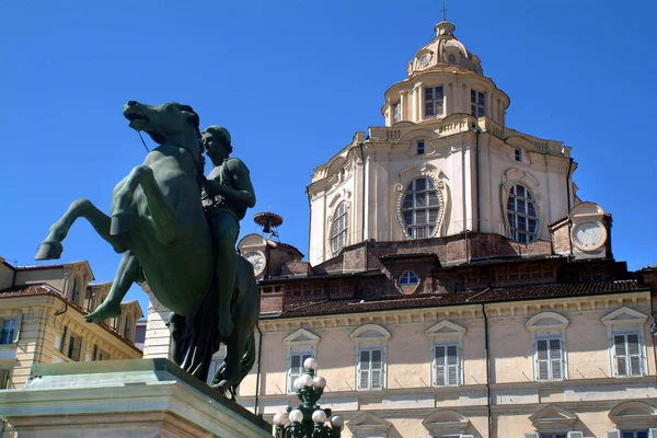 Turin Piedmont Italy Baroque Church San Lorenzo Equestrian Statue Dioscuri — Stock Photo, Image