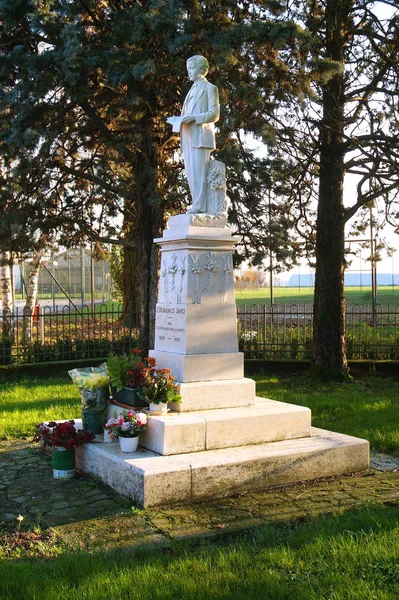 La statue de San Domenico Savio devant sa maison natale dans le village de Riva di Chieri, Piémont, Italie . — Photo