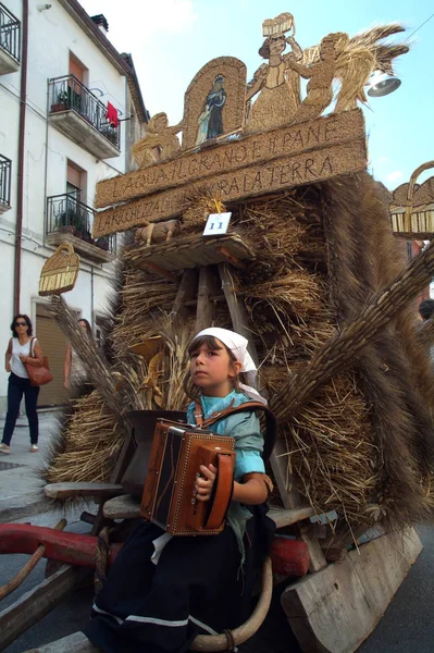 Jelsi, Molise/Italy -07/26/2015- 밀 축제, 산타 안나에 대한 선전 및 추수 감사절 이벤트, 고대 수레는 황소에 의해 뽑아 밀과 밀과 밀로 장식, 마을에서 퍼레이드. — 스톡 사진