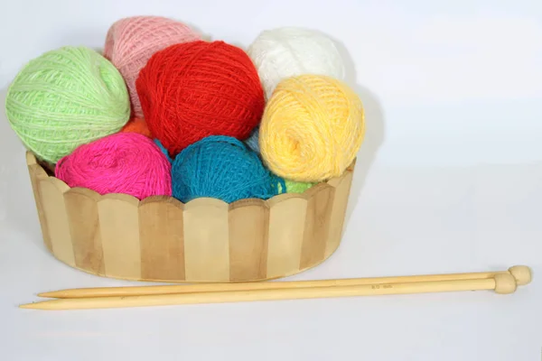 Multi Colored Balls Wool Knitting Wooden Box Wooden Knitting Needles — Stock Photo, Image