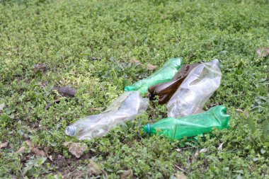 Çimüzerinde maden suyu ezilmiş plastik şişeler, çevre koruma kavramı, çevre tıkanması