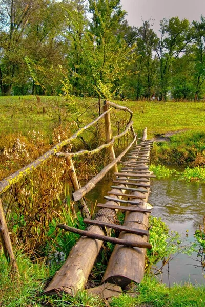 Un pequeño puente de madera con una barandilla a través del río en un hermoso paisaje de bosque verde en verano — Foto de Stock