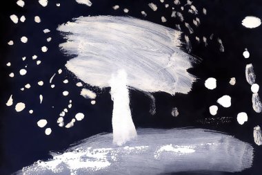 Beyaz kar siyah bir arka plan üzerinde ağaç kaplı. Kar yağışı. Çocuk çizimi. Suluboya.