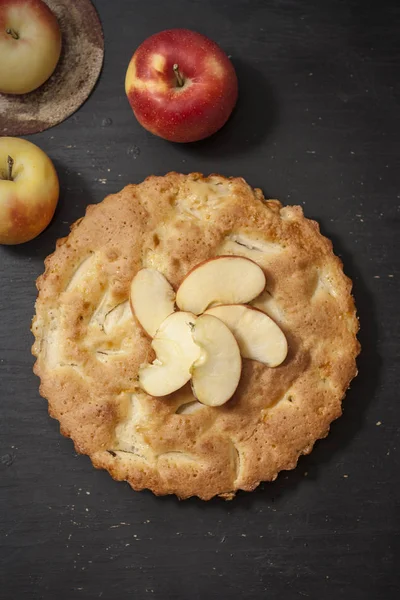 Charlotte apple pie on a black wooden table with slices of red apples. Top view. — Φωτογραφία Αρχείου