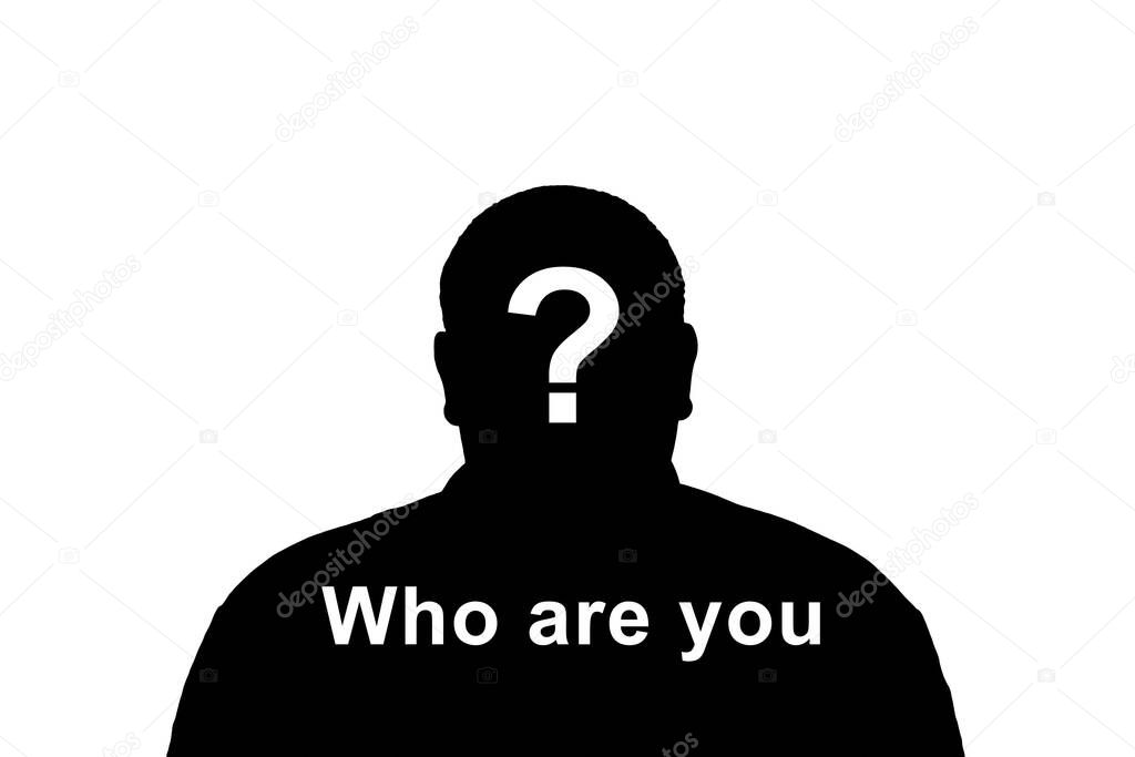 Black silhouette of an adult anonymous man on a white background with the words Who am I