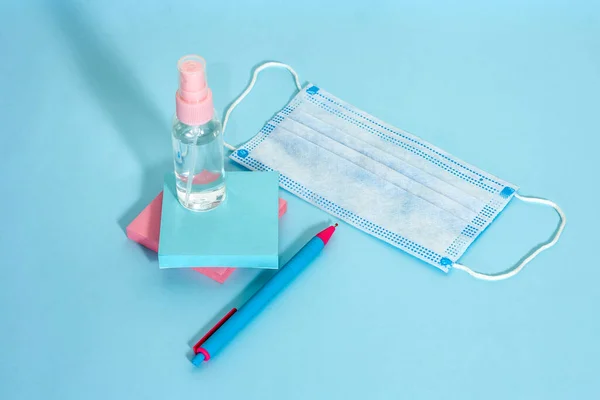 School Stationery Supplies Medical Masks Hand Gel Sanitizer Keep Your — Stock Photo, Image