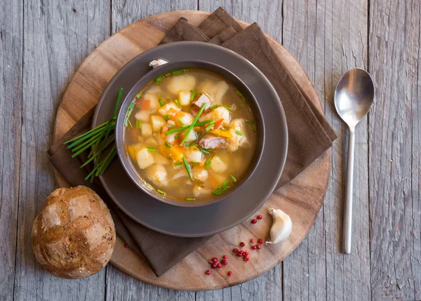 Vegetable Soup Bread Green Onion Wooden Table — Stock Photo, Image