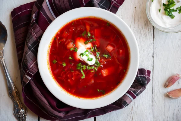 Tradiční Ruská Zeleninová Polévka Borsch Červené Řepy Jiné Zeleniny — Stock fotografie