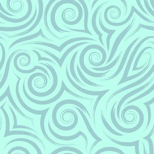Vektor turkos sömlös mönster av spiraler och lockar för dekoration och tryck på tyg på en blå bakgrund. Textur av virvel eller havsvågor för inslagning av papper och kläder. — Stock vektor