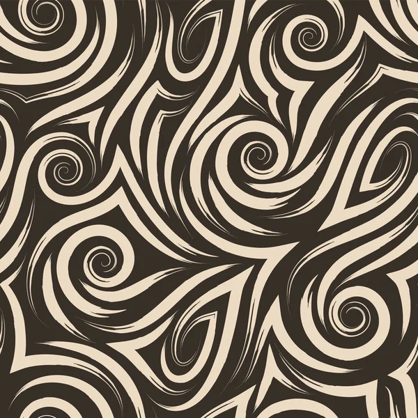 Vector beige patrón sin costuras de espirales y rizos para la decoración y la impresión en tela sobre un fondo marrón. Textura de remolino u ondas marinas para envolver papel y ropa . — Archivo Imágenes Vectoriales