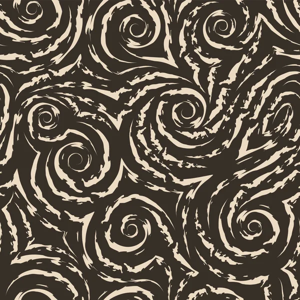 Vector nahtlose beige Textur in Form von Spiralen und Locken von Wellen und Spritzern auf einem braunen Hintergrund. Verwirbeln oder fließen in Form von glatten Linien mit gerissenen Kanten. Textur für Stoff und Papier — Stockvektor